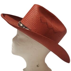 Red Straw Renegade Hat with Brown Band & Conchos Medium Made In USA